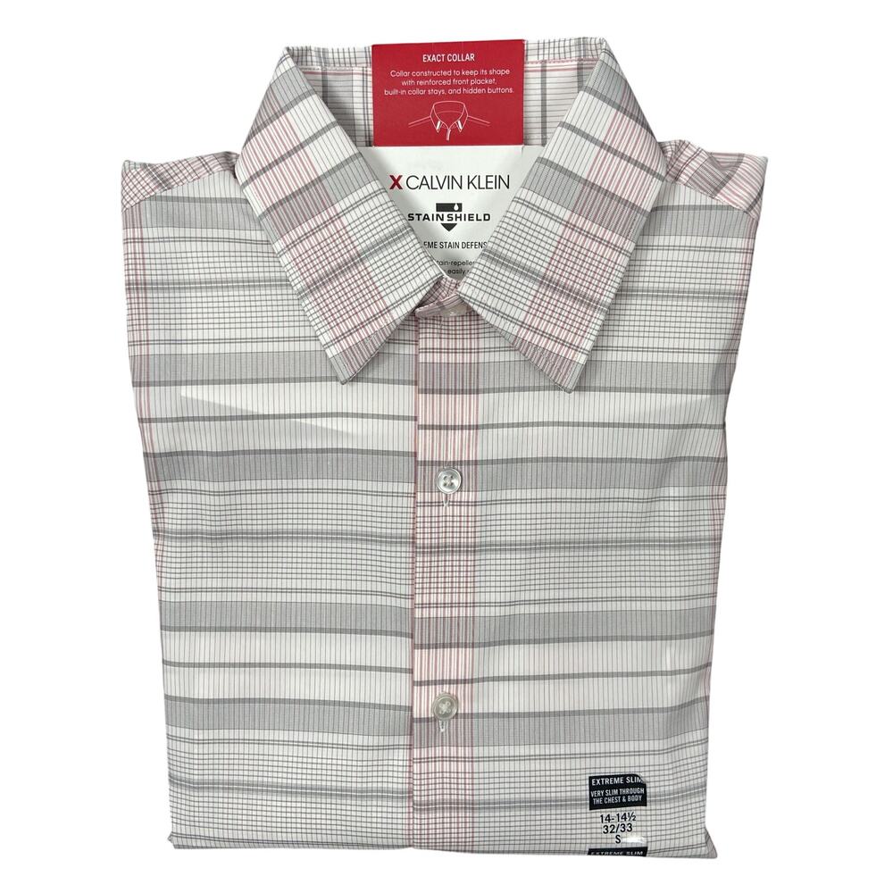 Calvin Klein Dress Shirt Men's 14-14.5 32/33 Stain Shield Slim Fit Stretch NEW